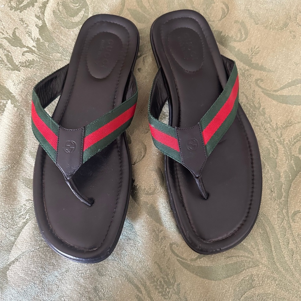 Authentic Gucci Web Leather Thong Black Mens Sandals/Slide